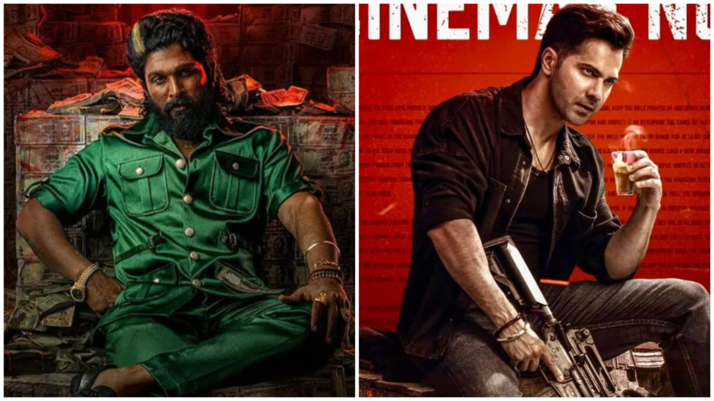 Left side: A bearded man in a green outfit confidently sits on a stack of cash, resembling a box office hit. Right side: A man in a black jacket holds a drink and tactical rifle before a red backdrop, evoking the intensity of Pushpa 2.